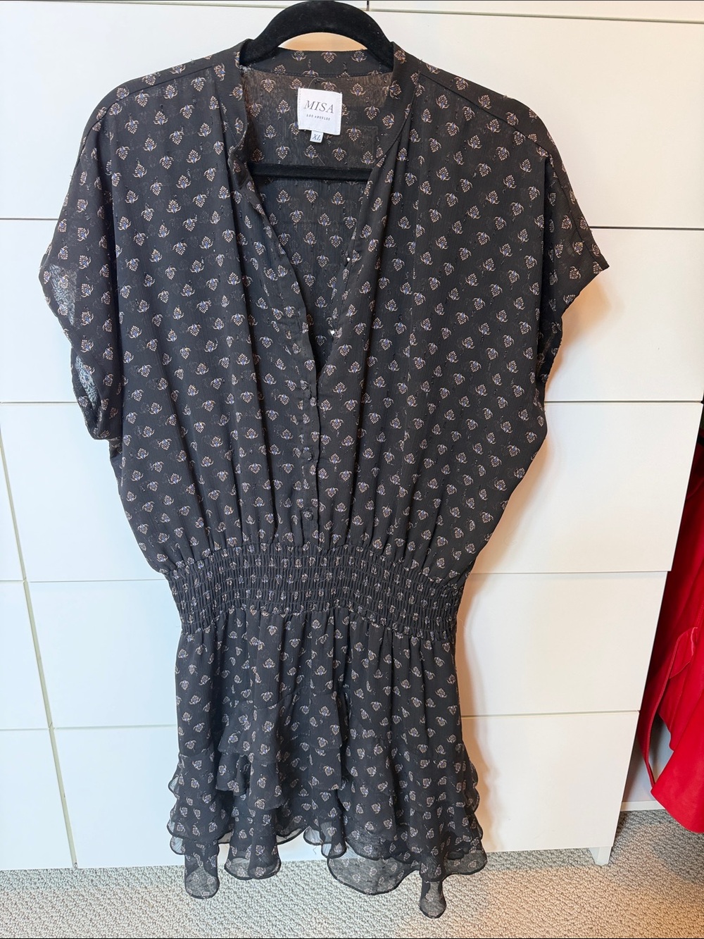 Misa Los Angeles Black Printed Short-Sleeve Smocked-Waist Dress